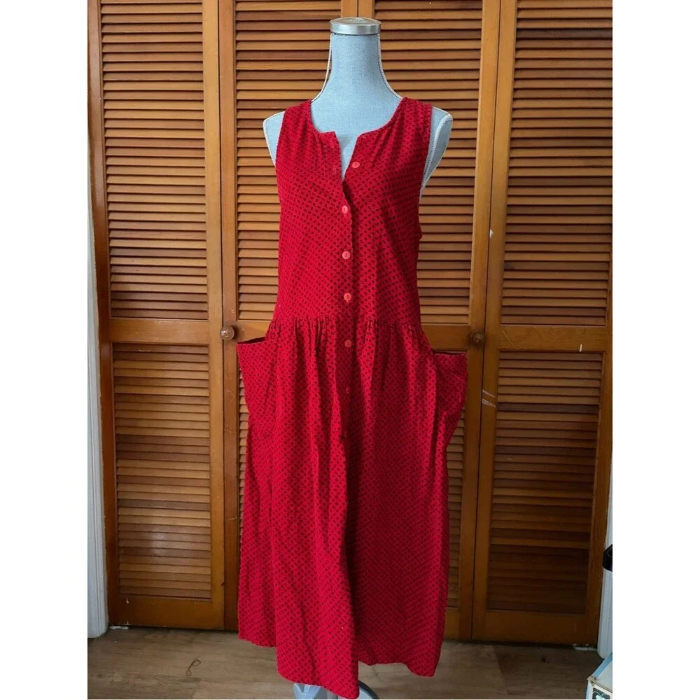 Vintage Red Bandana Corduroy Button-Front Maxi Dress Pinafore with Pockets